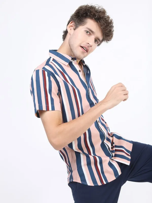  Ketch Men Pink Striped Slim Fit Casual Shirts