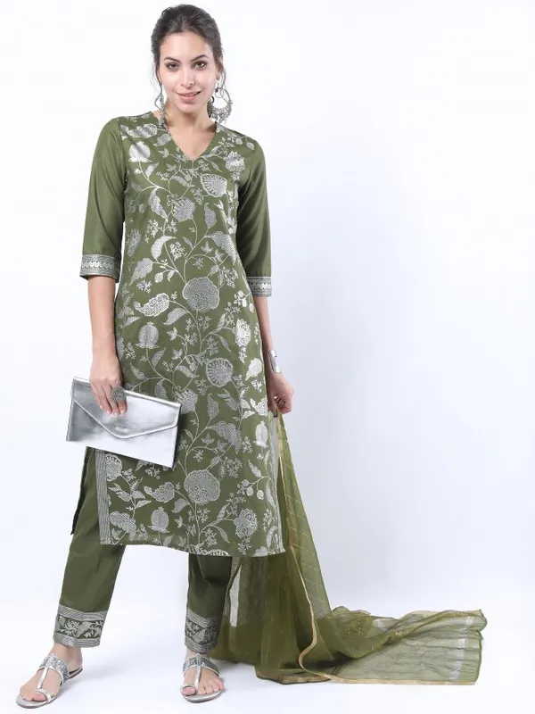 Women Printed Kurta with Trouser & Dupatta