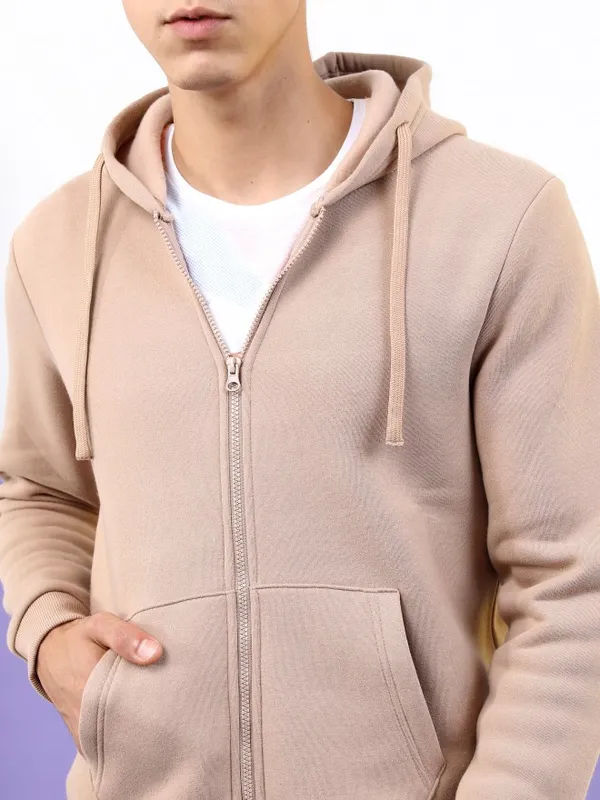  Highlander Men Beige Hood Front-Open Sweatshirts