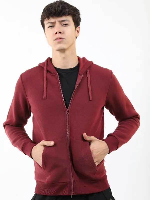  Ketch Men Burgundy Hood Front-Open Sweatshirts