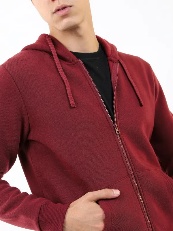  Ketch Men Burgundy Hood Front-Open Sweatshirts