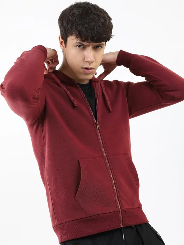  Ketch Men Burgundy Hood Front-Open Sweatshirts