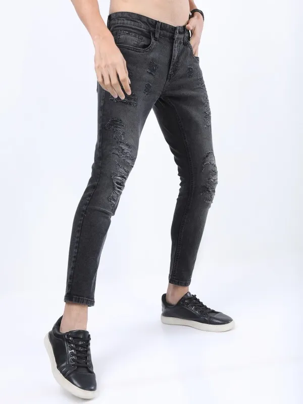  Highlander Men Charcoal Tapered Fit Highly Distressed Jeans