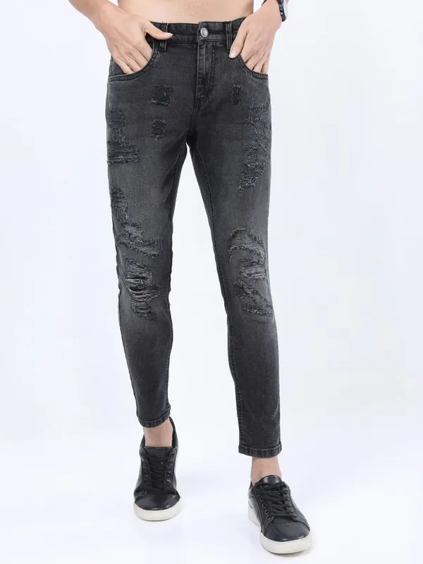  Highlander Men Charcoal Tapered Fit Highly Distressed Jeans