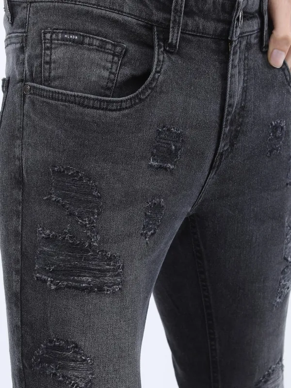  Highlander Men Charcoal Tapered Fit Highly Distressed Jeans