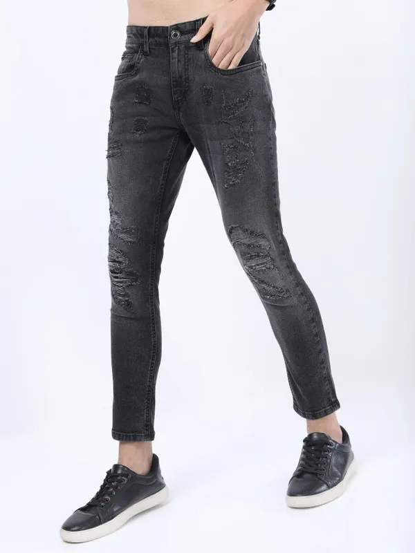  Highlander Men Charcoal Tapered Fit Highly Distressed Jeans