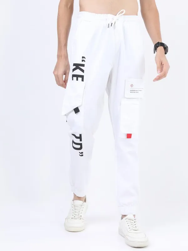  Ketch Men White Regular Fit Printed Casual Trousers