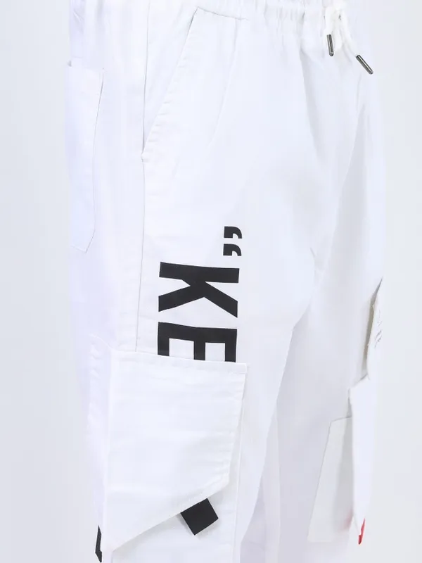  Ketch Men White Regular Fit Printed Casual Trousers