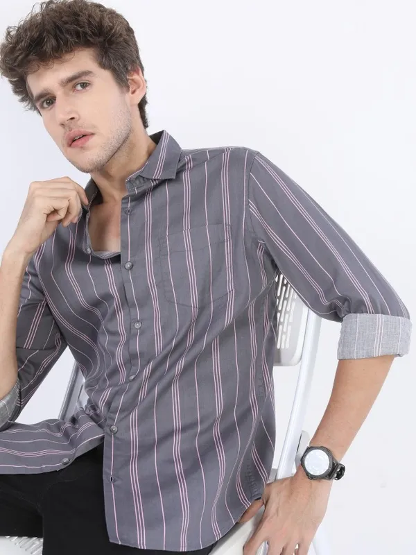  Ketch Men Grey Striped Slim Fit Casual Shirts