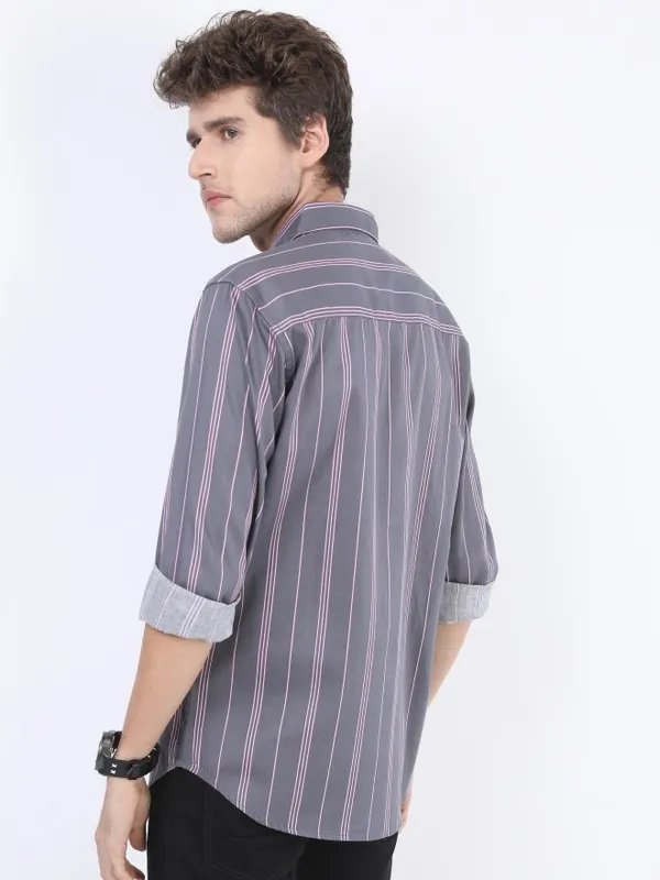 Ketch Men Grey Striped Slim Fit Casual Shirts