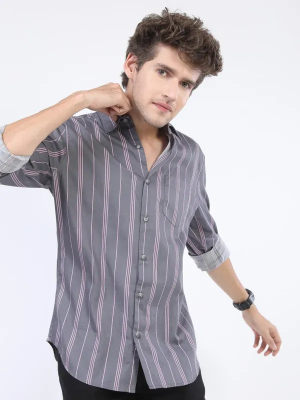  Ketch Men Grey Striped Slim Fit Casual Shirts