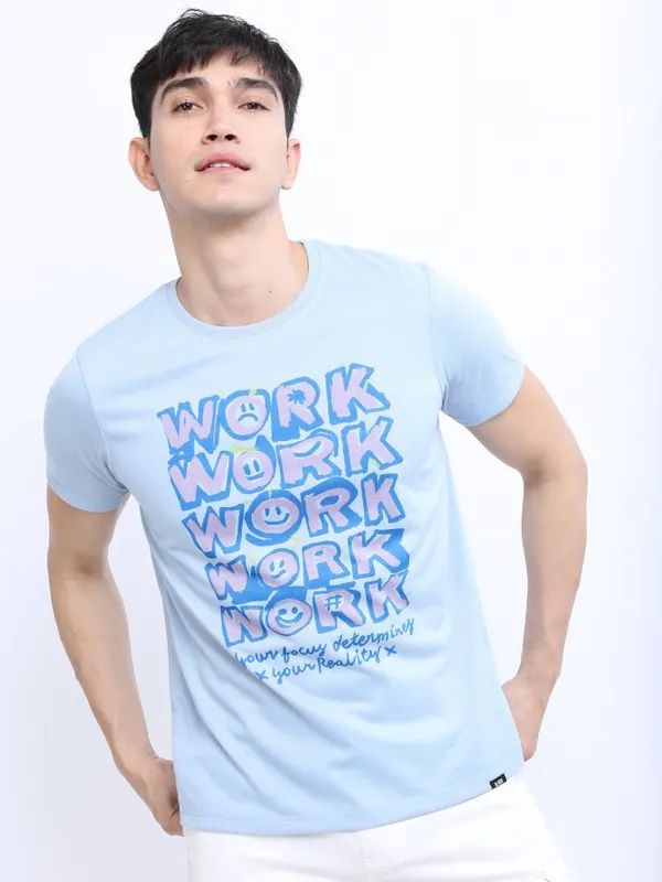  Highlander Men Blue Printed Round Neck T-Shirts