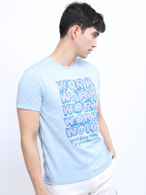  Highlander Men Blue Printed Round Neck T-Shirts