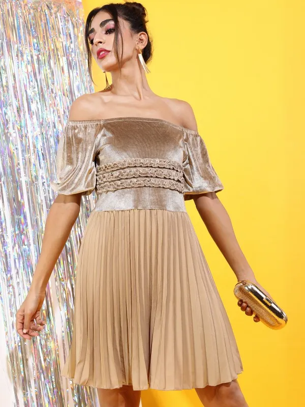  Tokyo Talkies Women Gold Solid Fit And Flare Dresses