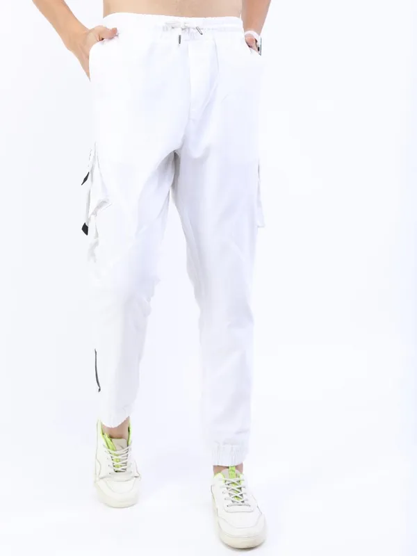  Ketch Men White Regular Fit Printed Casual Trousers