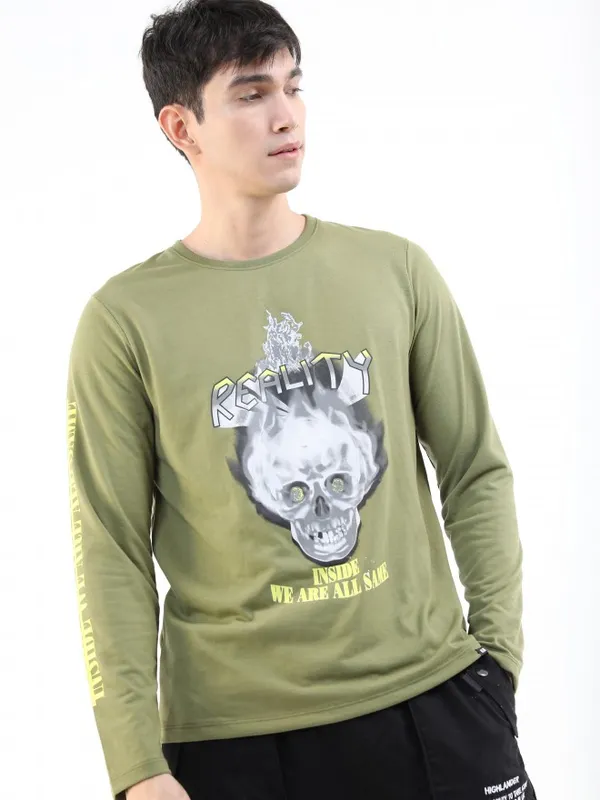  Highlander Men Olive Printed Round Neck T-Shirts