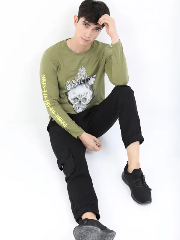  Highlander Men Olive Printed Round Neck T-Shirts