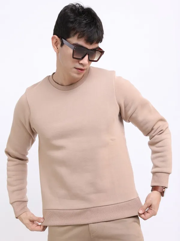  Highlander Men Beige Round Neck Pullover Sweatshirts