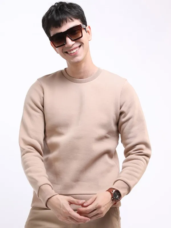  Highlander Men Beige Round Neck Pullover Sweatshirts