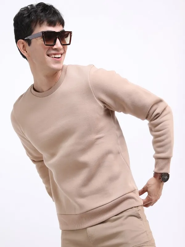  Highlander Men Beige Round Neck Pullover Sweatshirts