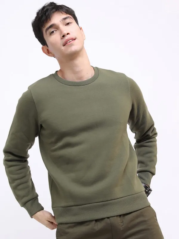  Highlander Men Olive Round Neck Pullover Sweatshirts