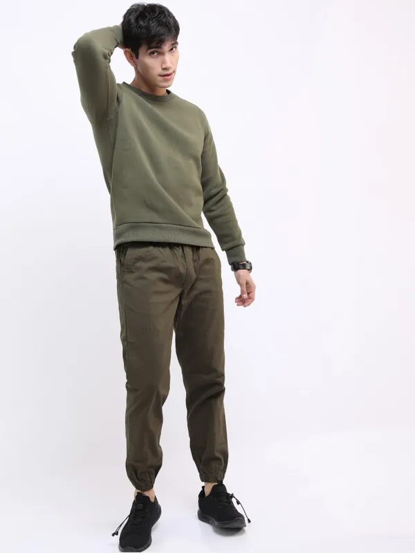  Highlander Men Olive Round Neck Pullover Sweatshirts