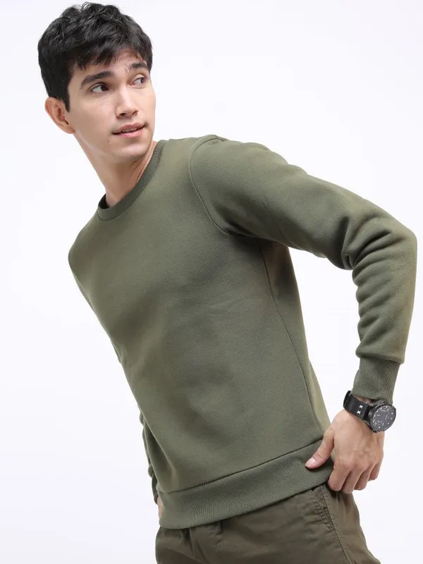  Highlander Men Olive Round Neck Pullover Sweatshirts