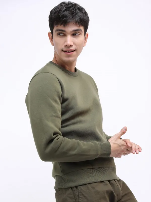  Highlander Men Olive Round Neck Pullover Sweatshirts