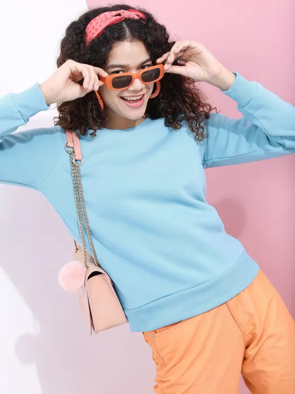  Tokyo Talkies Women Blue Solid Pullover Round Neck Sweatshirts