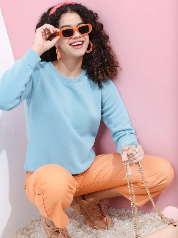  Tokyo Talkies Women Blue Solid Pullover Round Neck Sweatshirts