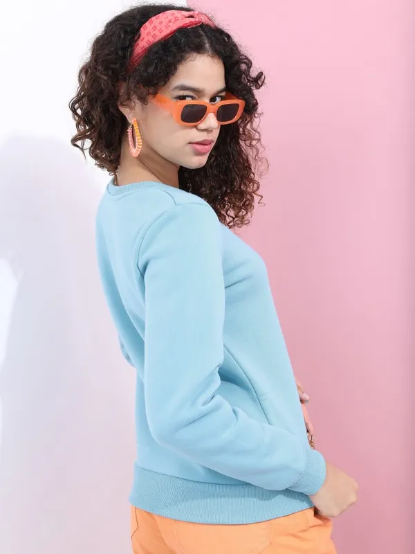  Tokyo Talkies Women Blue Solid Pullover Round Neck Sweatshirts