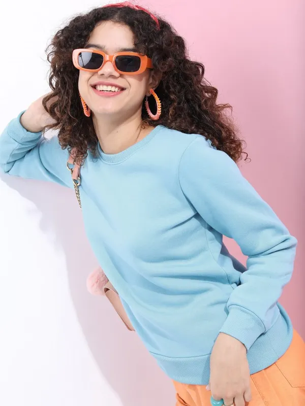  Tokyo Talkies Women Blue Solid Pullover Round Neck Sweatshirts