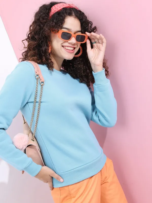  Tokyo Talkies Women Blue Solid Pullover Round Neck Sweatshirts