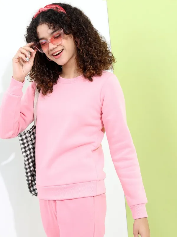  Tokyo Talkies Women Pink Solid Pullover Round Neck Sweatshirts