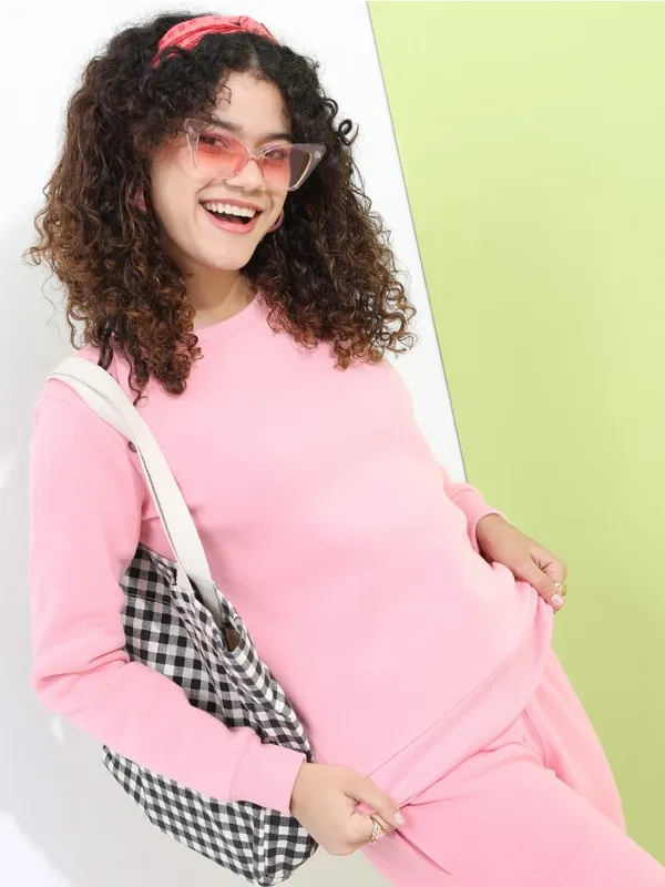  Tokyo Talkies Women Pink Solid Pullover Round Neck Sweatshirts