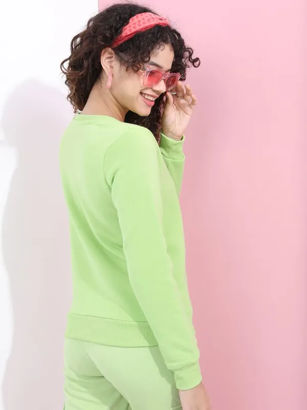  Tokyo Talkies Women Green Solid Pullover Round Neck Sweatshirts