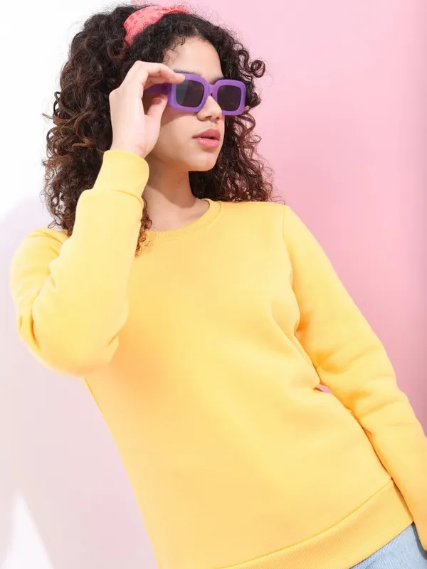  Tokyo Talkies Women Yellow Solid Pullover Round Neck Sweatshirts