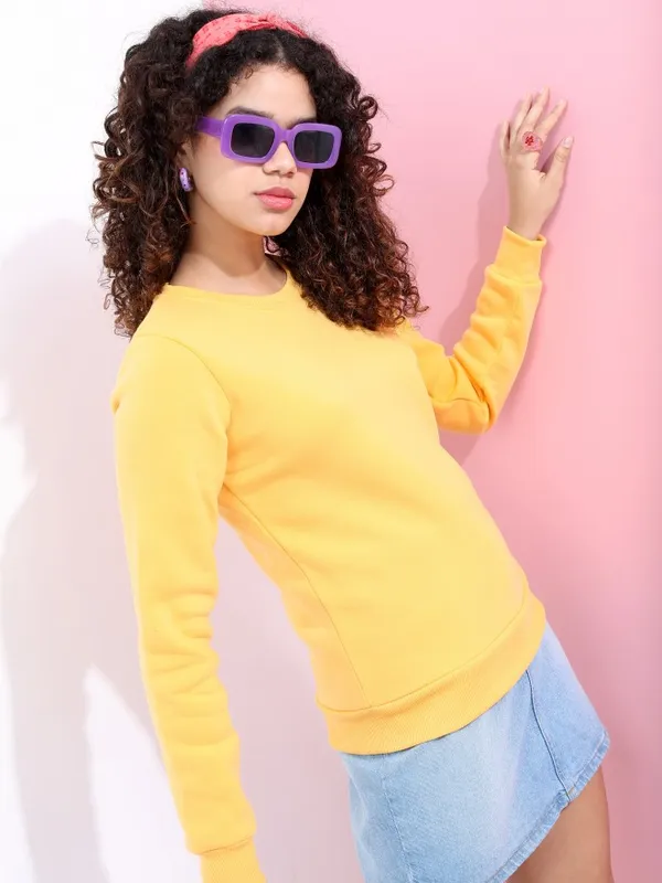  Tokyo Talkies Women Yellow Solid Pullover Round Neck Sweatshirts