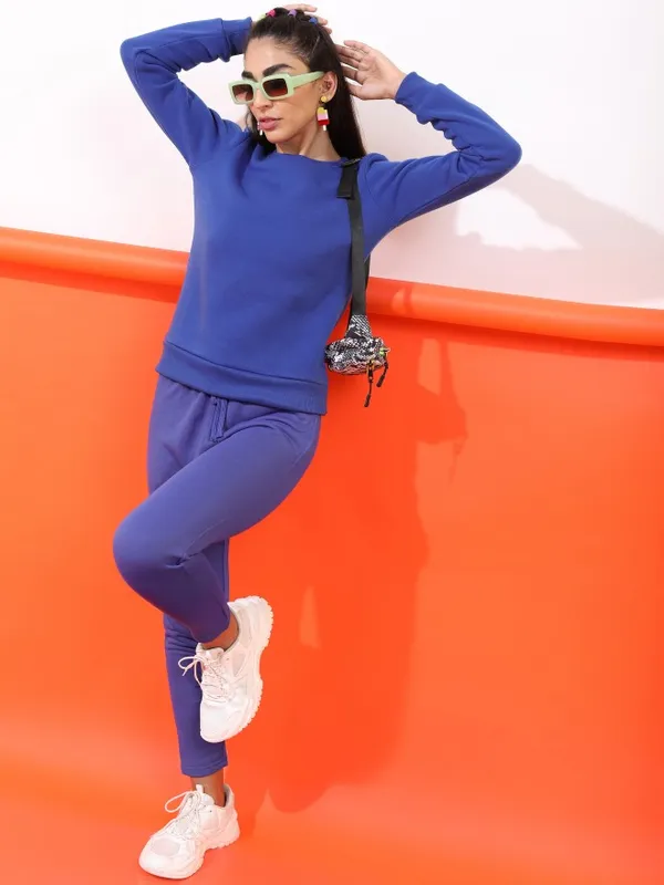  Tokyo Talkies Women Blue Solid Pullover Round Neck Sweatshirts