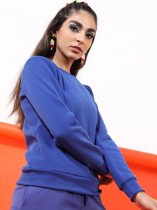  Tokyo Talkies Women Blue Solid Pullover Round Neck Sweatshirts