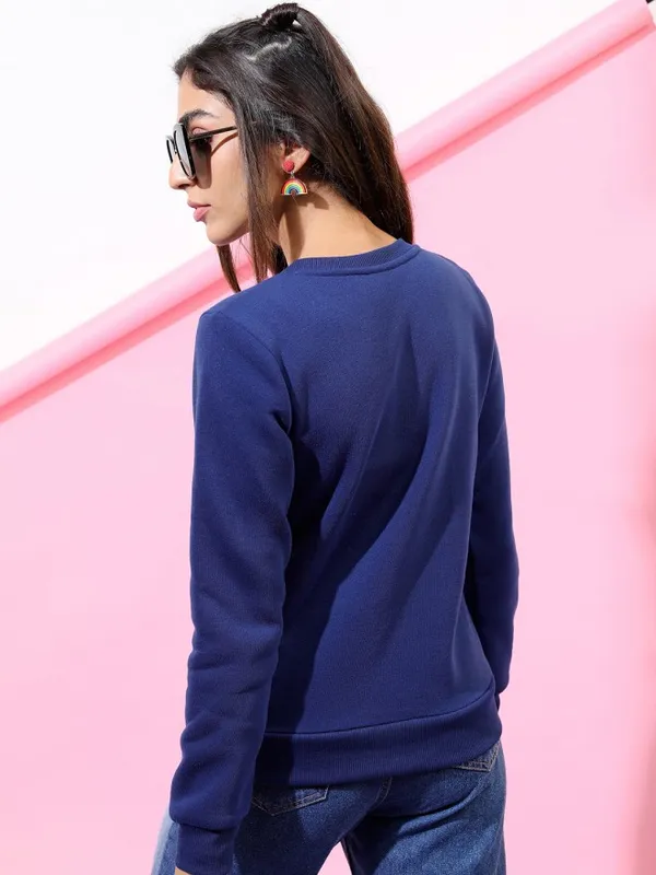  Tokyo Talkies Women Navy Blue Solid Pullover Round Neck Sweatshirts
