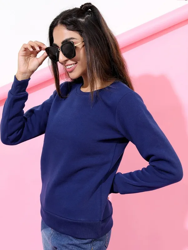  Tokyo Talkies Women Navy Blue Solid Pullover Round Neck Sweatshirts