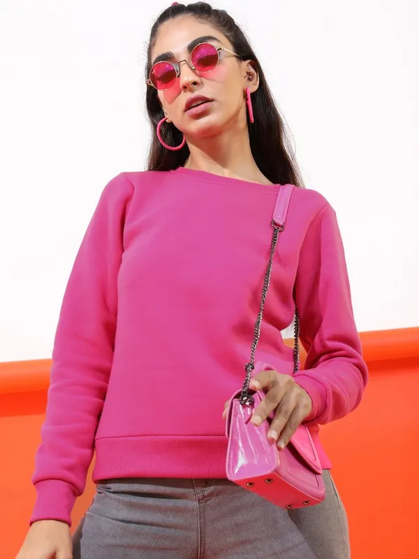  Tokyo Talkies Women Pink Solid Pullover Round Neck Sweatshirts