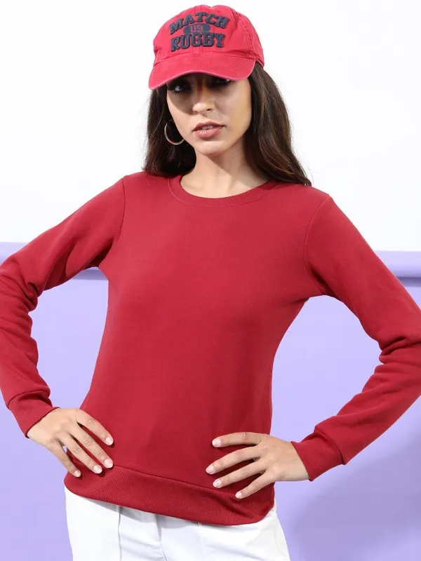  Tokyo Talkies Women Maroon Solid Pullover Round Neck Sweatshirts