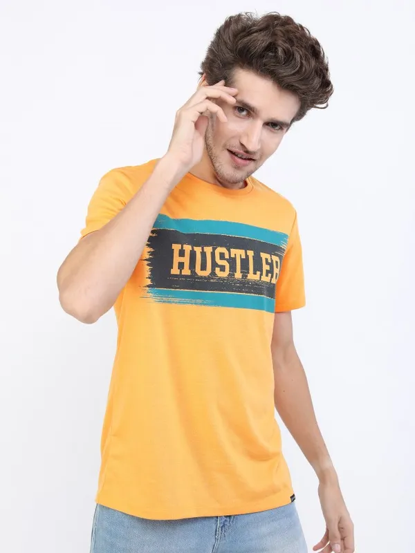  Ketch Men Yellow Printed Round Neck T-Shirts