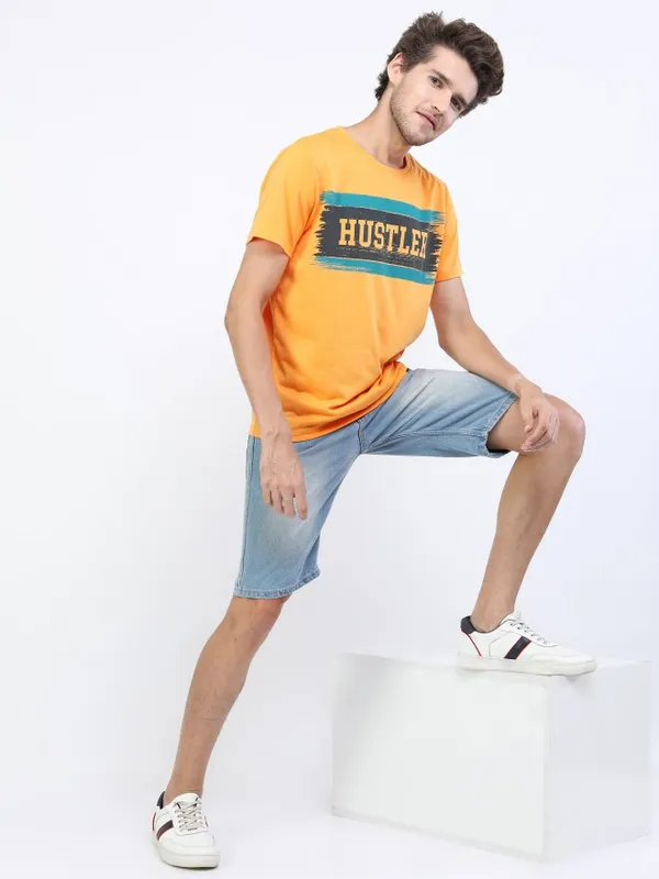  Ketch Men Yellow Printed Round Neck T-Shirts