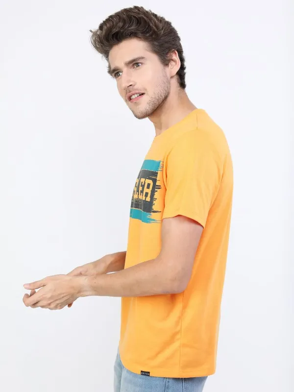  Ketch Men Yellow Printed Round Neck T-Shirts