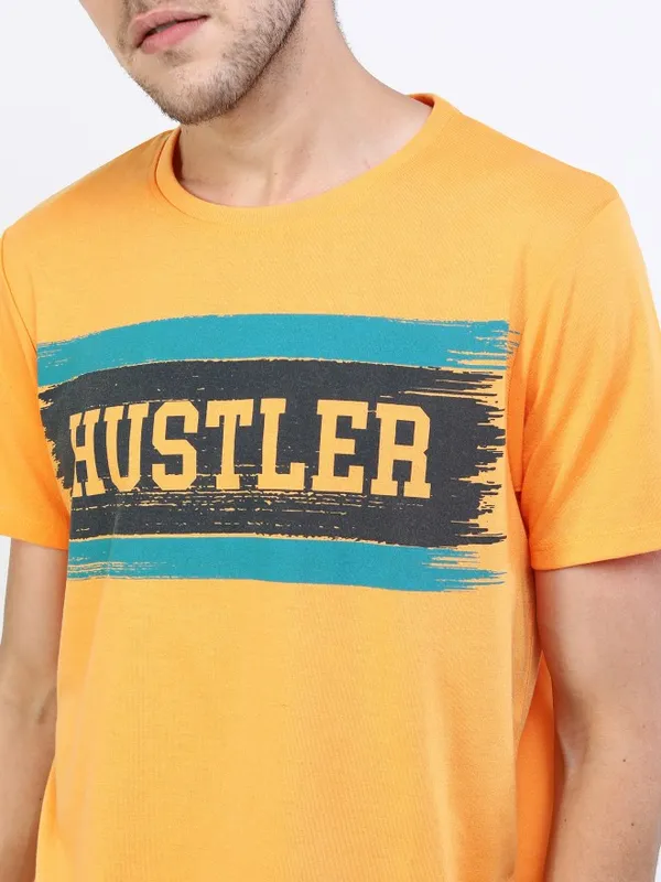  Ketch Men Yellow Printed Round Neck T-Shirts