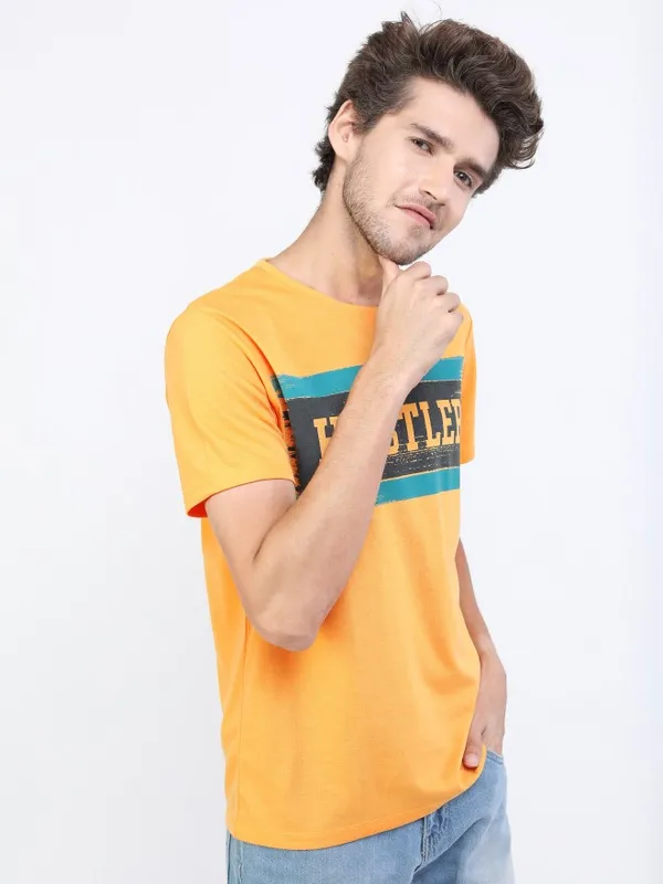  Ketch Men Yellow Printed Round Neck T-Shirts