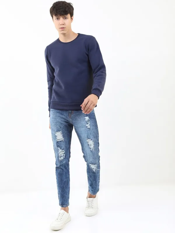  Ketch Men Navy Blue Round Neck Pullover Sweatshirts